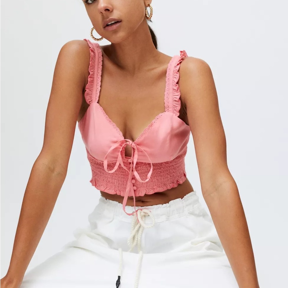 Urban Outfitters Pink Ruffle Tie-Front Cropped Tank